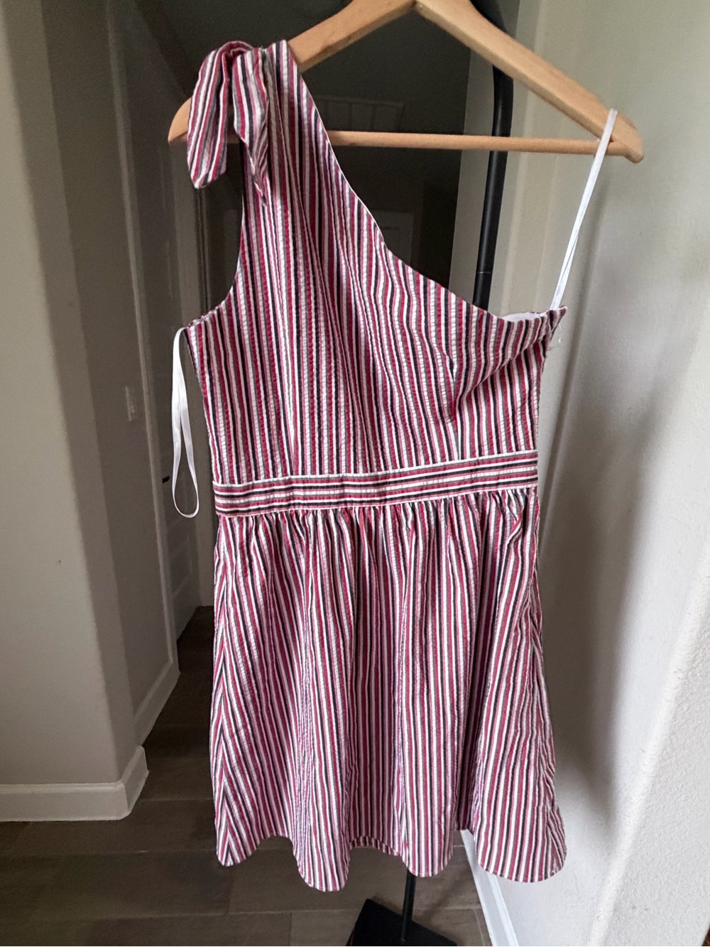 LOFT Red and White One-Shoulder Summer Striped Mini Dress - Picture 2 of 6